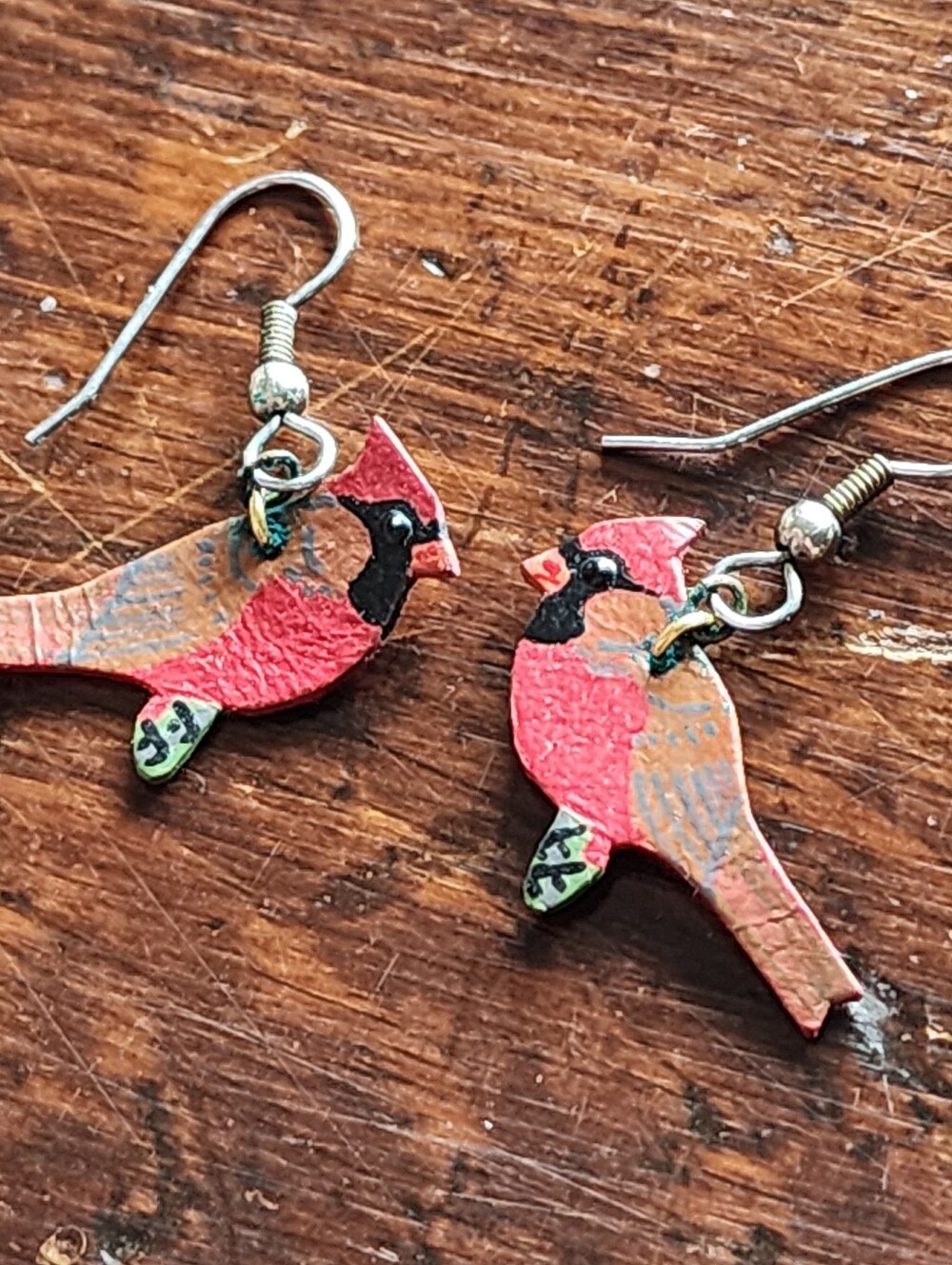 Handmade Painted Red Cardinal Earrings Holiday Jewelry Gift Silver Tone Hooks